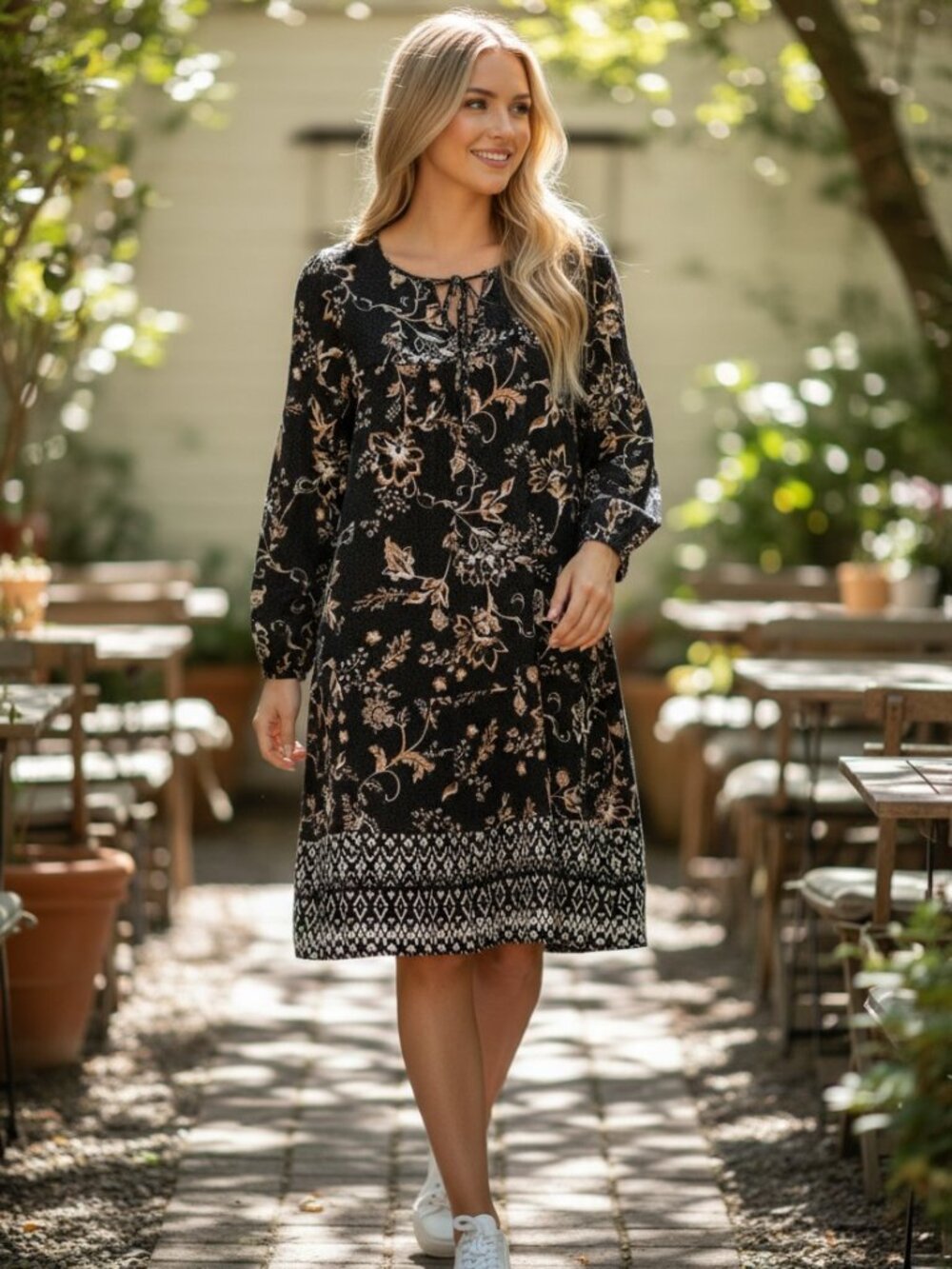 Style & Co Floral & Geometric Print Tunic Dress XL Black Tan Rayon 3/4 Sleeve